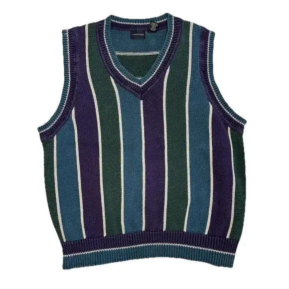 Vintage Structure Sweater Vest Mens L Blue Green Purple 90s Stripe V Neck Preppy - Picture 1 of 6